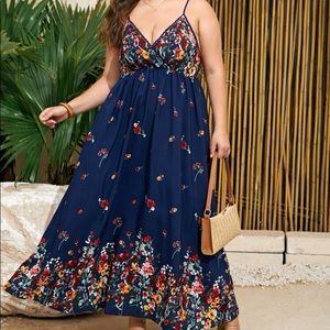 Boho floral print lace trim cami maxi dress